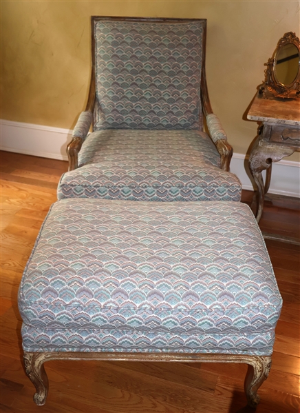French Provincial Style Lounging Chair with Ottoman -Wood Frame Has  Distressed Finish - Light Blue, Green, and Purple Fan Upholstery - Chair Measures 35" Tall 27" by 32" Ottoman Measures 16" tall...