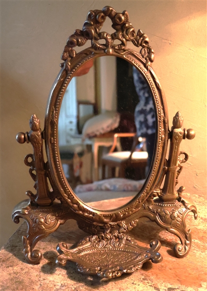 Metal Dresser Mirror with Attached Small Tray - Measures 11" tall 9" Across