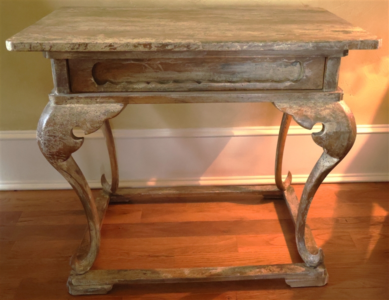 Unusual Shabby Chic Table with Up Turned Cabriole Legs - Stretcher Platform - Hidden Dovetailed Drawer - Measures 24" Tall 29" by 19"