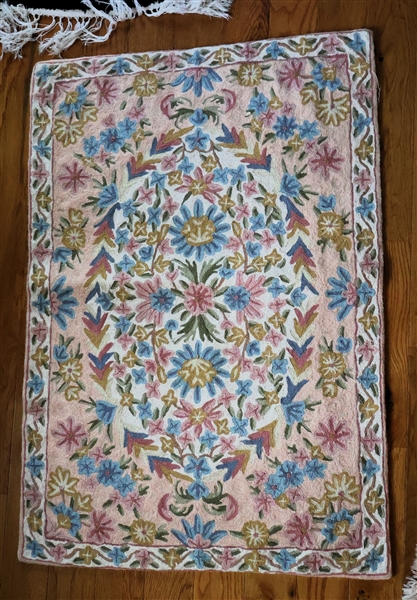 Cruelled Wall Hanging - Pink and Blue Flowers - Measures 34" by 24" 