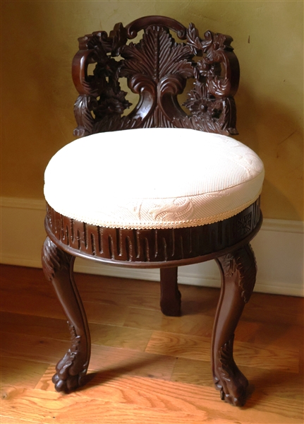 Asian Mahogany Leaf Carved Dressing Stool - Pierced Back - Measures 28" Tall 16" Across