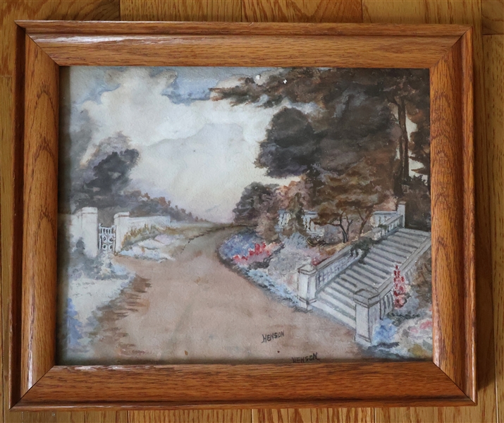 Watercolor Painting by Henson of Entry with Steps and Gate - Artist Signed in 2 Places - Framed - Frame Measures 9 3/4" by 11 3/4"