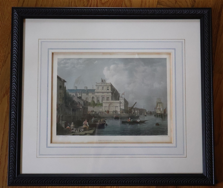 "Greenwich Hospital" Hand Colored Etching by J.B. Allen - Framed and Matted - Frame Measures 16" by 18 1/2"