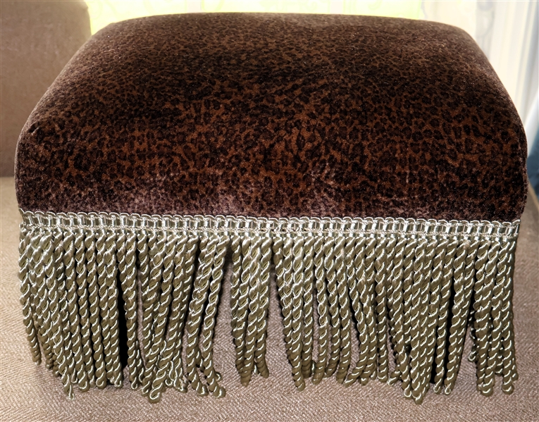 Foot Stool with Leopard Upholstery - Braided Gold Fringe Trim - Measures 8" tall 13" by 11" 