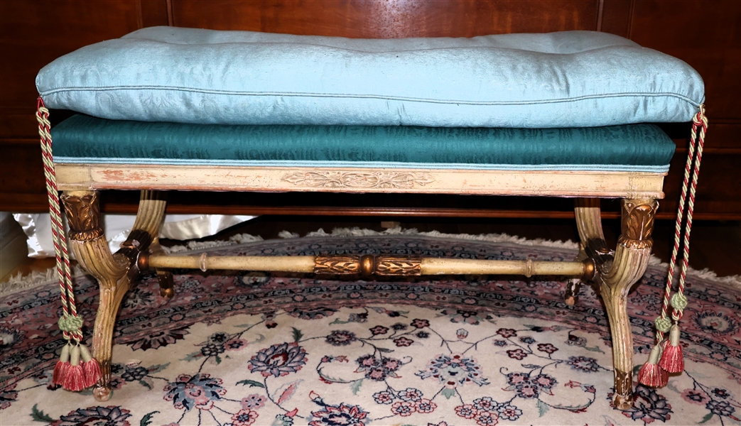 French Provincial Style Dressing Bench with Light Blue and Green Cushions - Gold and Cream Painted Frame - Bench Measures 22" Tall 36" by 16" 
