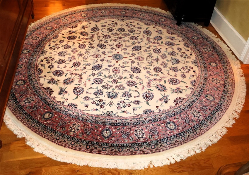 Round Wool Rug - Cream, Pink, and Green - Measures 96" Across Not Including Fringe 