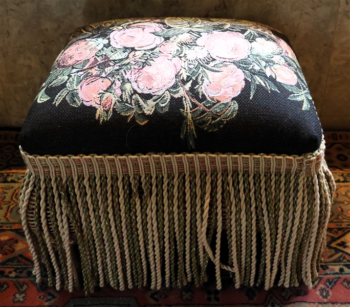 Wicker Foot Stool with Rose Tapestry Top -with Green and Cream Braided Fringe -  Measures 10" tall 13" by 12"