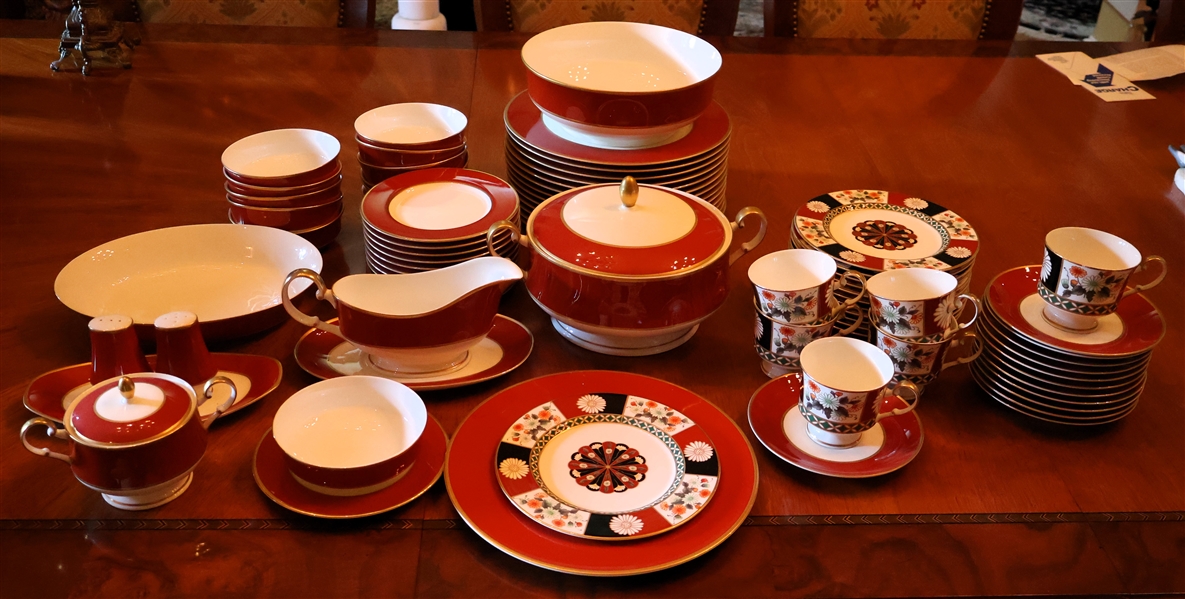 84 Piece Set of Mikasa Fine Chine "Egyptian Terracotta" and "Shogun" Patterns including 14 - 10 1/2" Dinner Plates, 12 Salad Plates 7 1/2", 12 Dessert Plates, 11 Bowls, Covered Bowl, Gravy Dish...