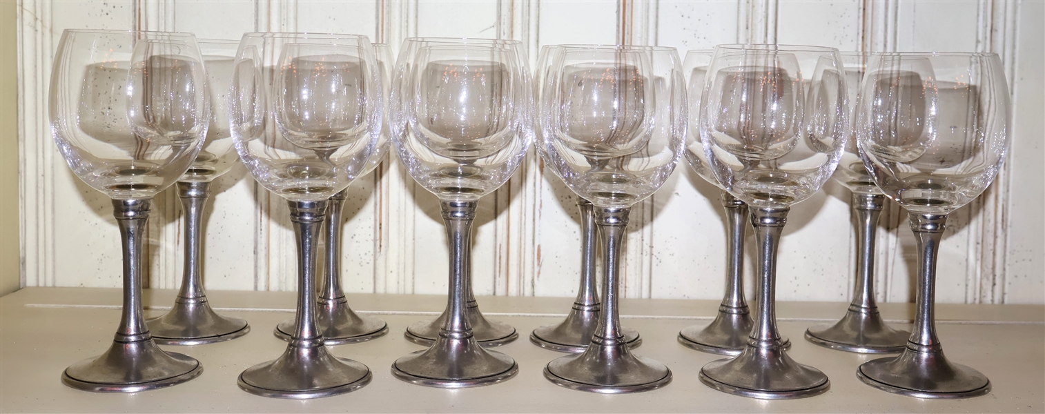 12 -European Glass and Pewter Wine Glasses- Signed EPU Europe Pewter - Measuring 7 1/2" Tall 