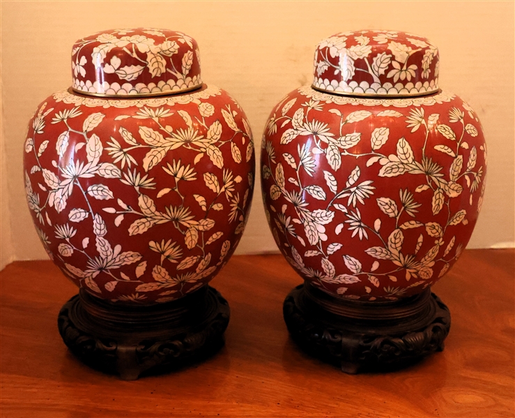 Pair of Cloisonne Ginger Jars with Wood Bases - "From Old China, Originally Given to Arthur Andersen From The Chinese Delegation to Chicago" - Each Jar Measures 8" Tall 6" Across 