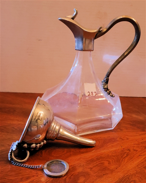Handmade Pewter and Glass Wine Decanter and Funnel -  Grape Details on Handles - Signed Etain Fait Main  Jean Goardere - 95% - Pitcher Measures 8" Tall 6" Wide