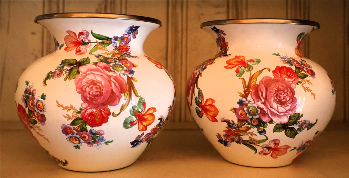 2 - Mackenzie Childs Enamel Vases - Rose Floral Design - Measuring 5" Tall 4" Across