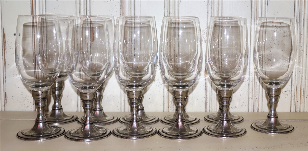 11 Glass Goblets with Pewter Stems - Marked 95 VA - Each Measures 8" Tall 