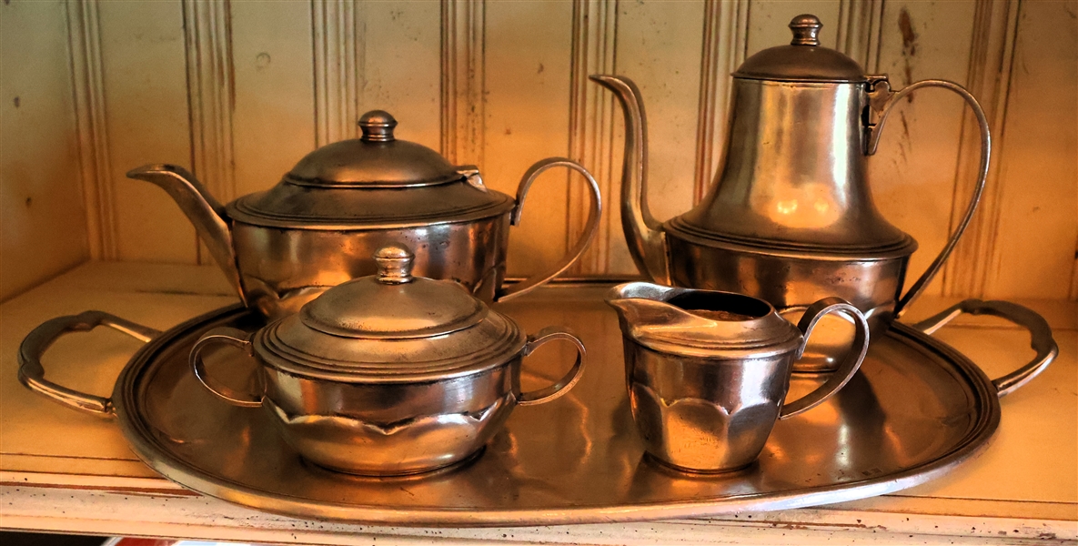 Italian Pewter 5 Piece Tea Service with Tray - Each Piece Signed Pewter Made in Italy with Cherub Mark and 95 - Service Includes Tea Pot, Coffee Pot, Cream and Sugar 