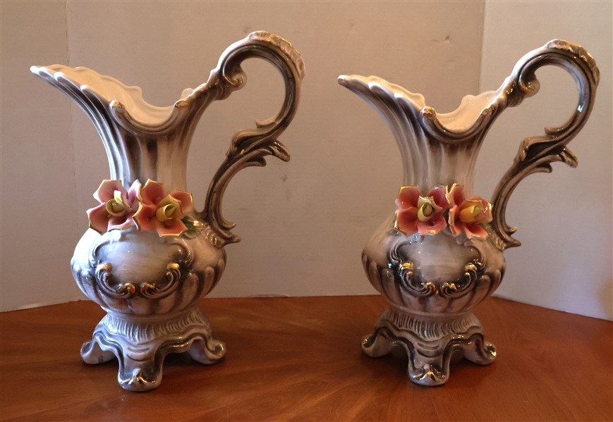 Pair of Signed Capodimonte Pitcher with Pink and Yellow Flowers - Each Pitcher Measures 15" Tall 11" Spot To Handle