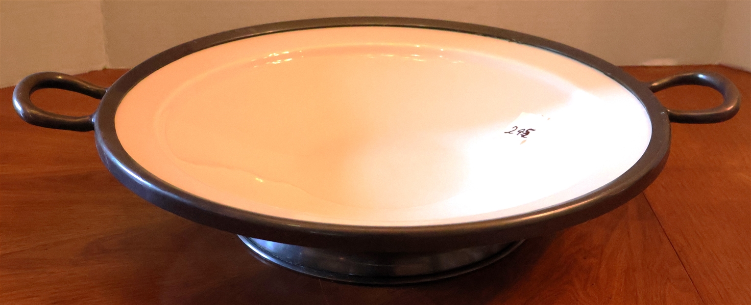 Stoneware Bowl with Bronze Colored Metal Trim - Double Handles -  Measures 14" Across