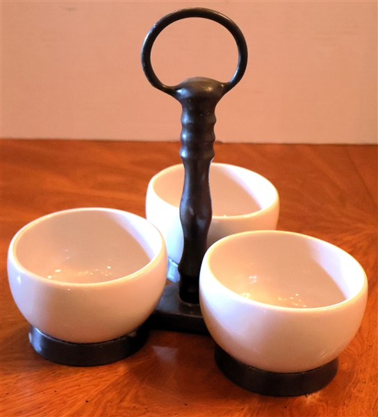 3 Section Stoneware Condiment Server in Metal Holder - Made In India - Measures 8 /2" Tall - Each Bowl Measures 3 3/4" Across