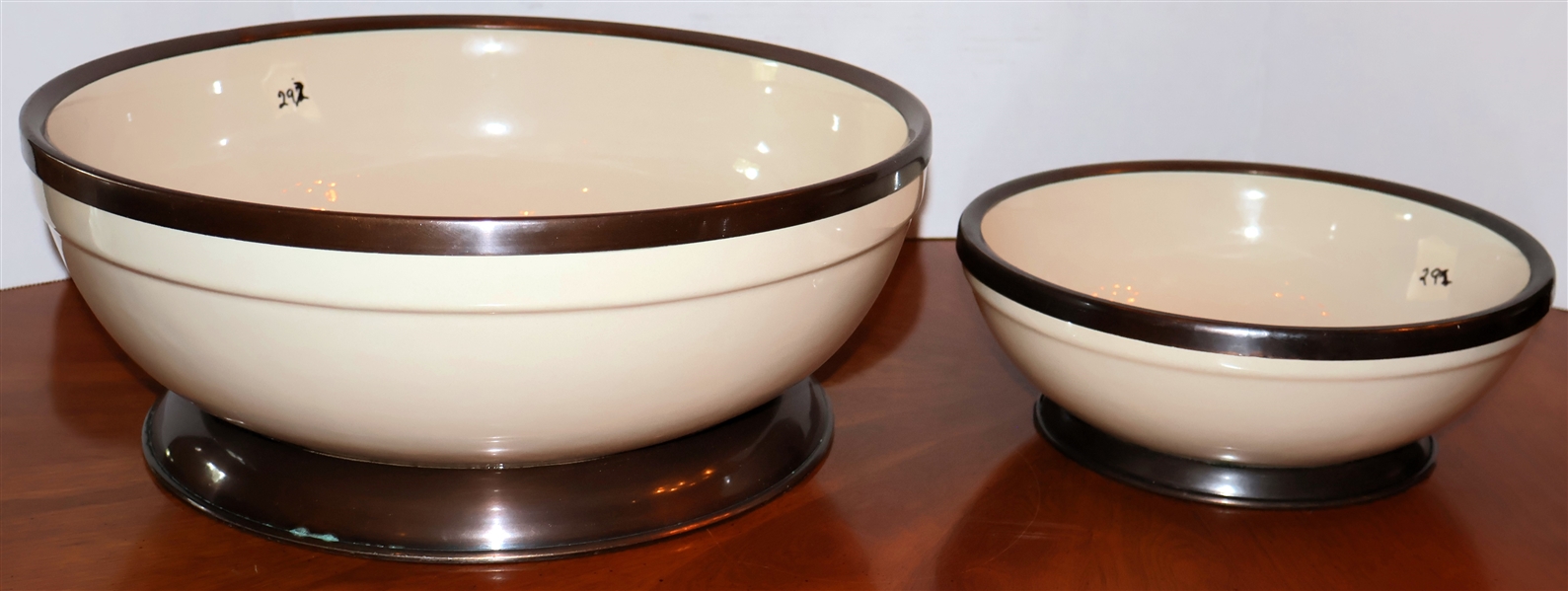 2 Large Stoneware Bowls with Bronze Colored Metal Trim and Base - Largest Bowl Measures 15" Across