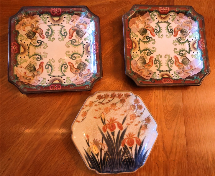 3 Pieces of 3 Asian Decorator Stoneware - 2 Square Rooster Plates and 1 Hexagon Plate with Iris Flowers - Rooster Plates Measure 8 1/4" by 8 1/4"