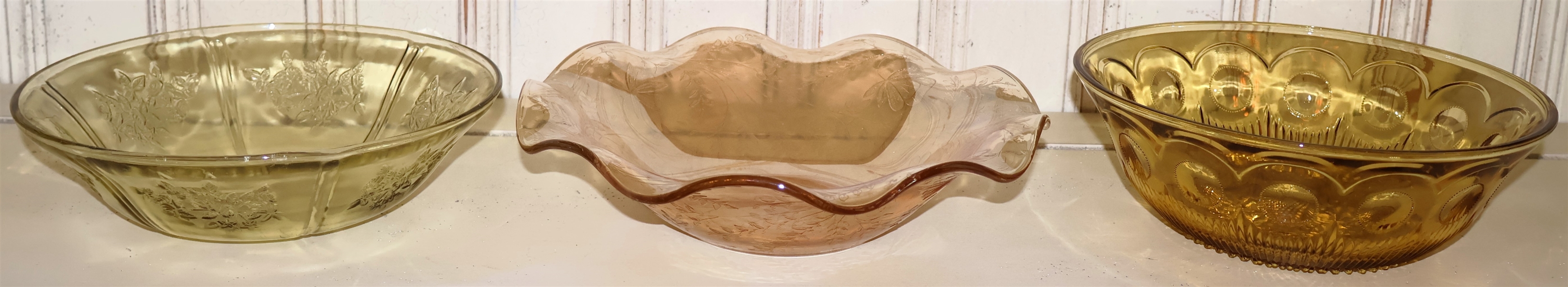 3 Depression Glass Bowls - Iridized Ruffle Edge Bowl Measures 9 3/4" Across