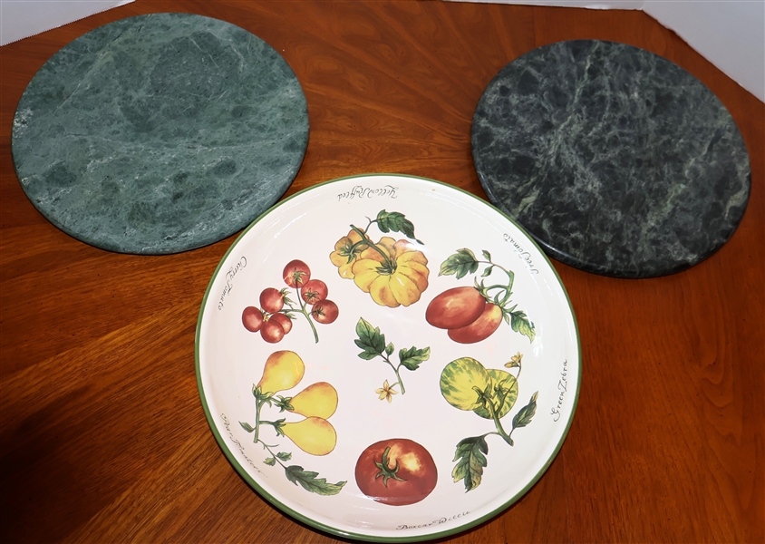 2 Green 12" Marble Trivets/ Trays and Williams Sonoma 13" Round Serving Bowl with Tomatoes 