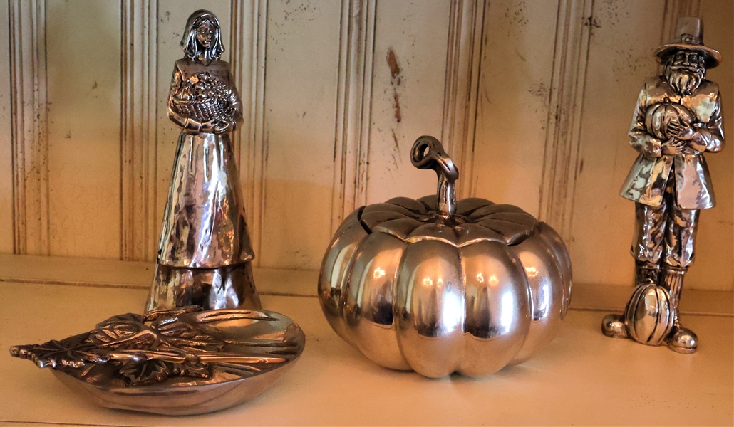 Pewter Lidded Pumpkin, Pewter Pumpkin Cheese Plate with Leaf Knife, and Silver Tone Pilgrams Measuring 9" Tall 