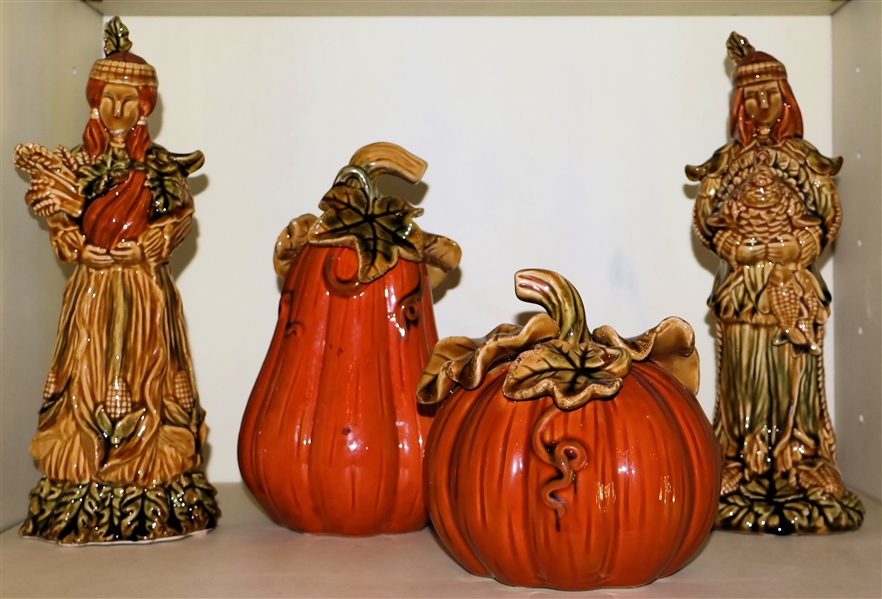 2 Romans Ceramic Indians and 2 Ceramic Pumpkins  - Indian Figures Measures 10" Tall