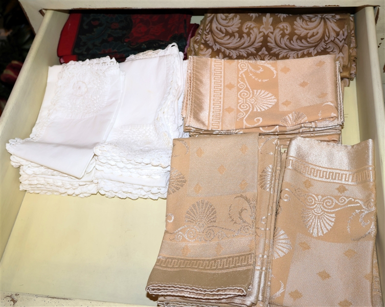 Drawer Full of Cloth Napkins - Gold Wedgwood with Shells, White with Crochet Trim and Christmas Napkins