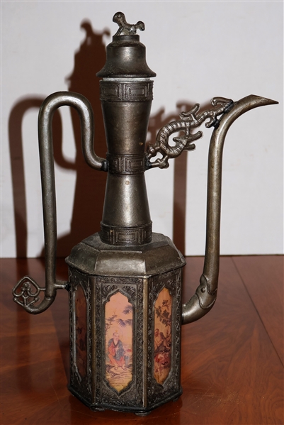 Heavy Metal Asian Pitcher with Paneled Sides with Asian Scenes - Signed on Bottom - Measures 12 1/2" Tall 