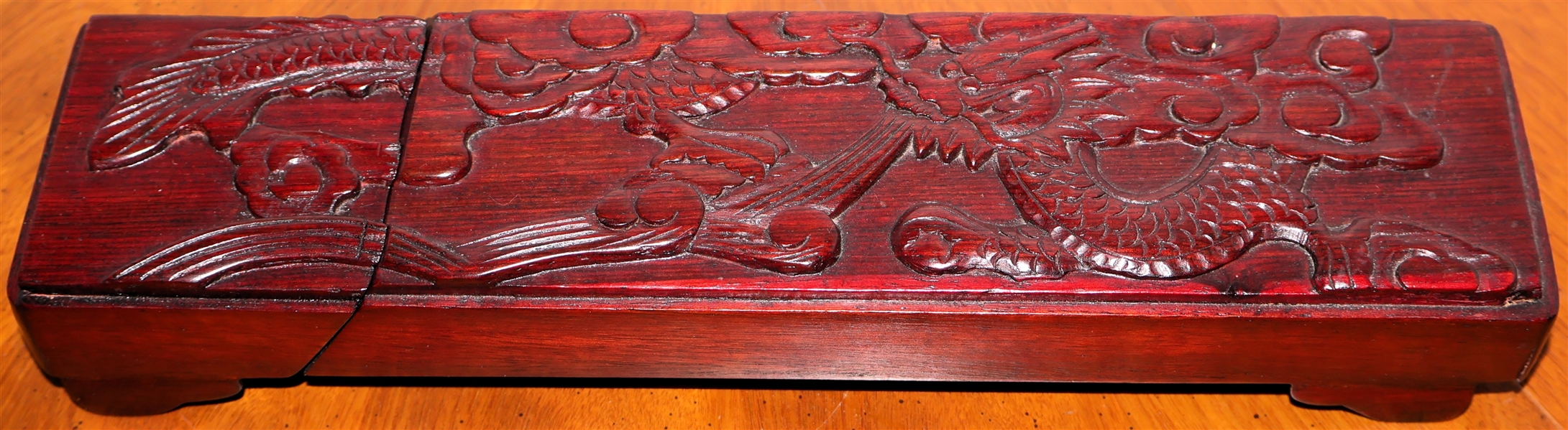 9 Pairs of Chopsticks in Wood Box with Carved Dragon - Box Measures 1 1/2" tall 12 1/2" by 2 3/8" 