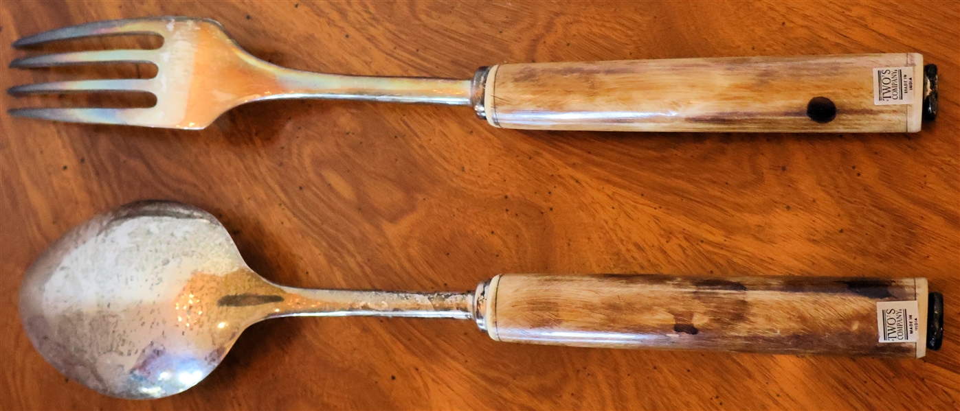 Twos Company - Made in India - Bone Handled Salad Serving Set - Fork and Spoon - Fork Measures 11"