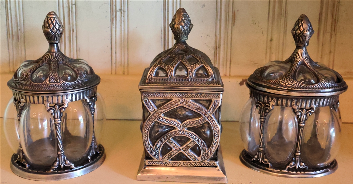 3 Made in India Pewter and Glass Jars - Very Ornate - Each Measures Approx. 8" Tall 