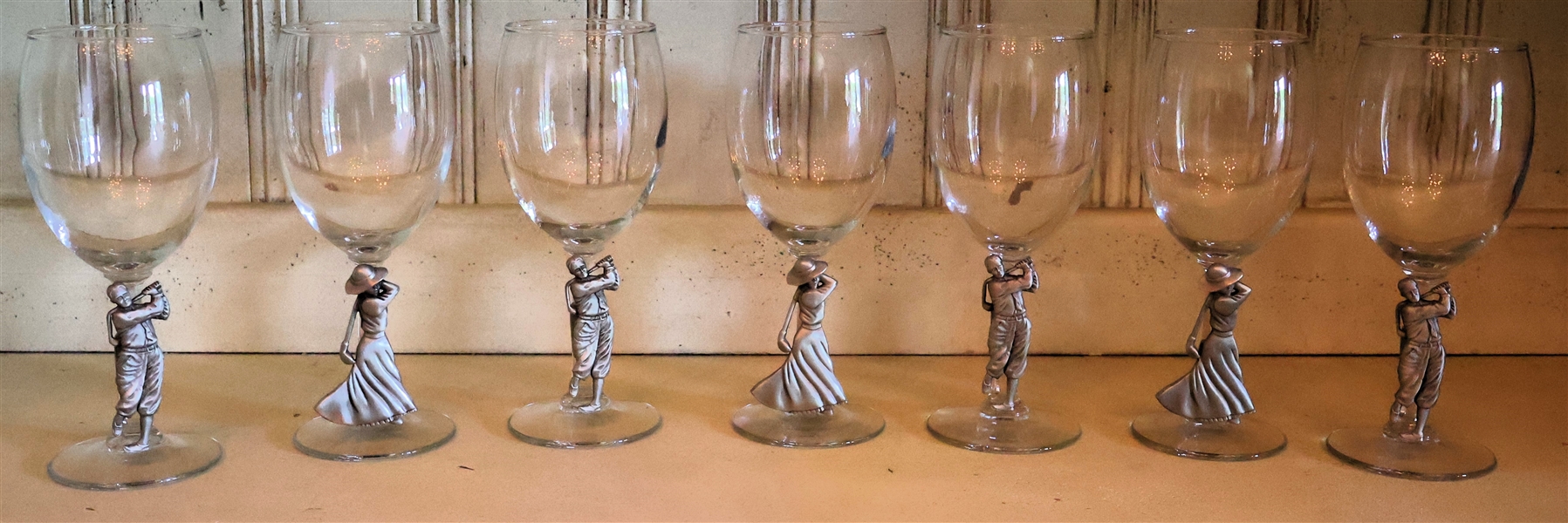 7 - Wine Glasses with Pewter Golfers on Stems- Signed Fort - Each Measures 7 1/2" Tall 