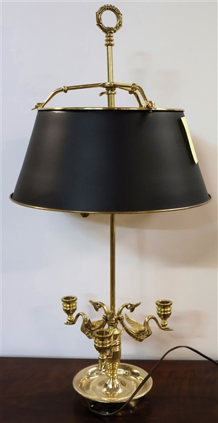 Heavy Brass Table Lamp with Bird Candle Holders at Base - Black Metal Shade - Shade Needs 1 Tiny Screw to Attach to Frame. - Measures 25" Tall Overall 