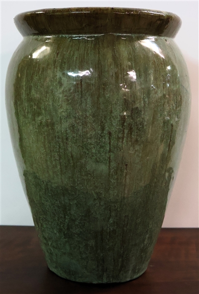 Very Nice Art Pottery Vase / Planter - Pretty Green Glaze - Measures 15" Tall - Has Hole Drilled in Bottom 