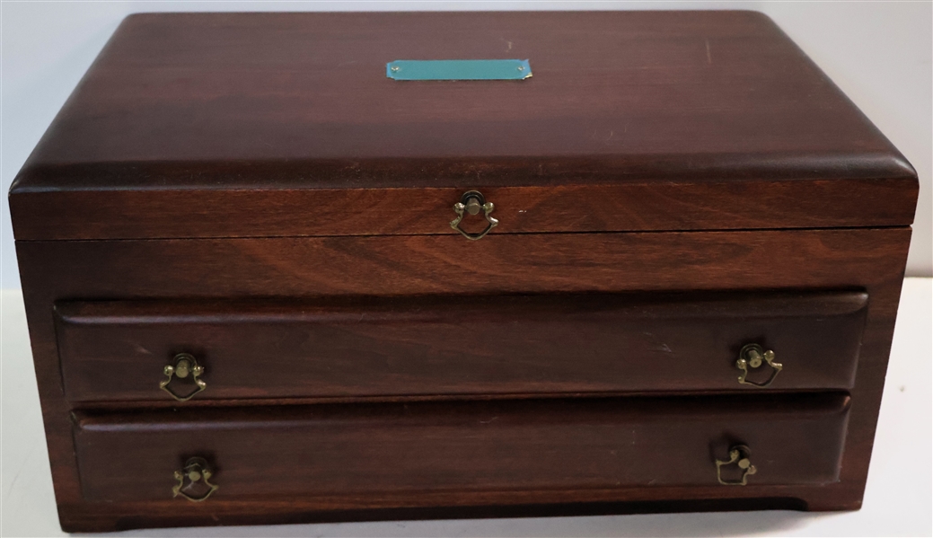 Nice Mahogany Jewelry Box - Felt Lined - Lift Top with 2 Divided Drawers - Handles on Each End - Brass Tag on Top - Not Engraved -  7 1/4" Tal 15" by 9 1/2" 