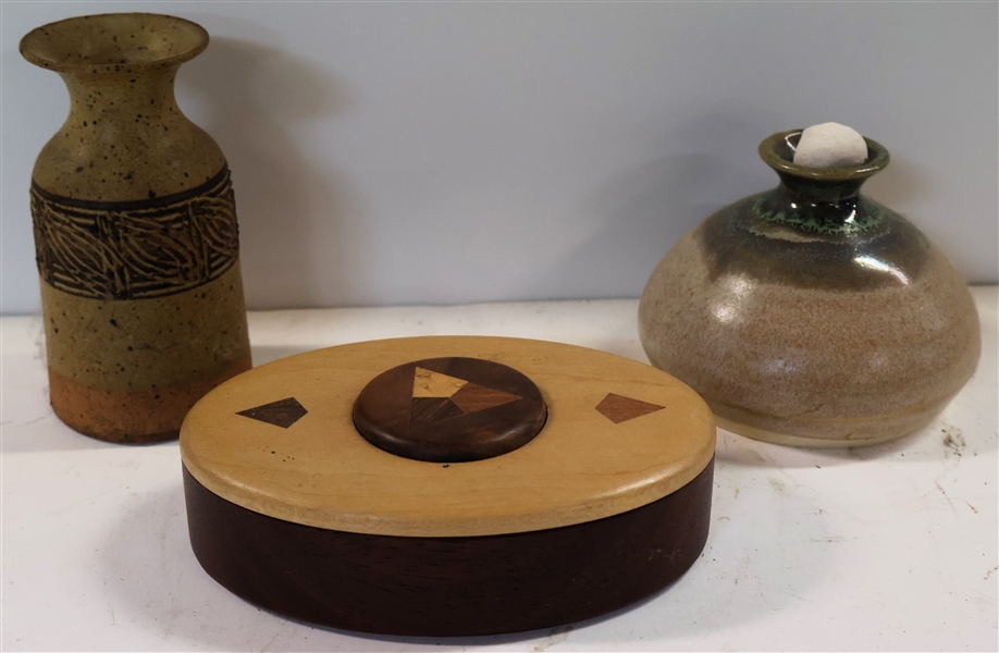 Whynot Seagrove NC Pottery Vase, Paul Gordon Art Pottery Vase, and Inlaid Wood Oval Trinket Box - Gordon Vase Measures 5" Tall 