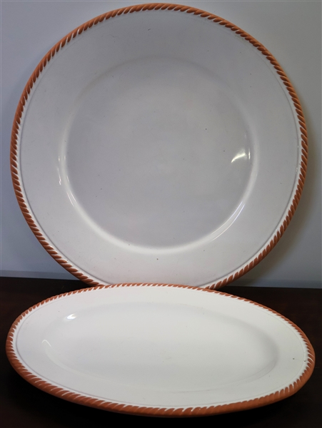 2 - Made in Portugal Platters - Terracotta Rope Trim with White Glaze - Round Measures 14" Across Oval 12 1/2" Across