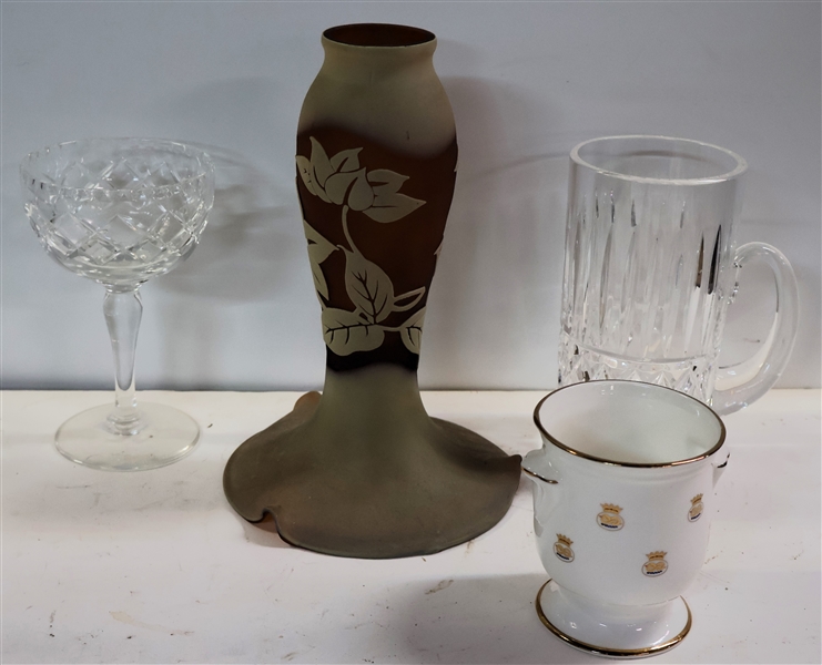 Glass and China Lot Including Cameo Glass Lamp Shade, Signed Waterford Mug, 300 Years of the Devonshire Dukedom Jar - Shade Measures 8 1/2" Tall 