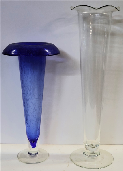 2 Nice Large Vases - Blue Art Glass with Rolled Edge - Measuring 16" Tall and Clear Trumpet Vase Measuring 20" Tall 