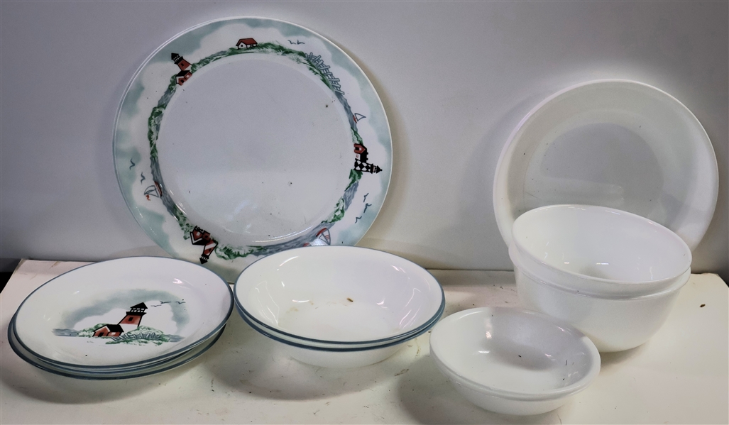 14 Pieces of Corelle China including 2 Light House Dinner Plates, 2 Light House Dessert Plates, Bowls with Blue Trim, and White Bowls 