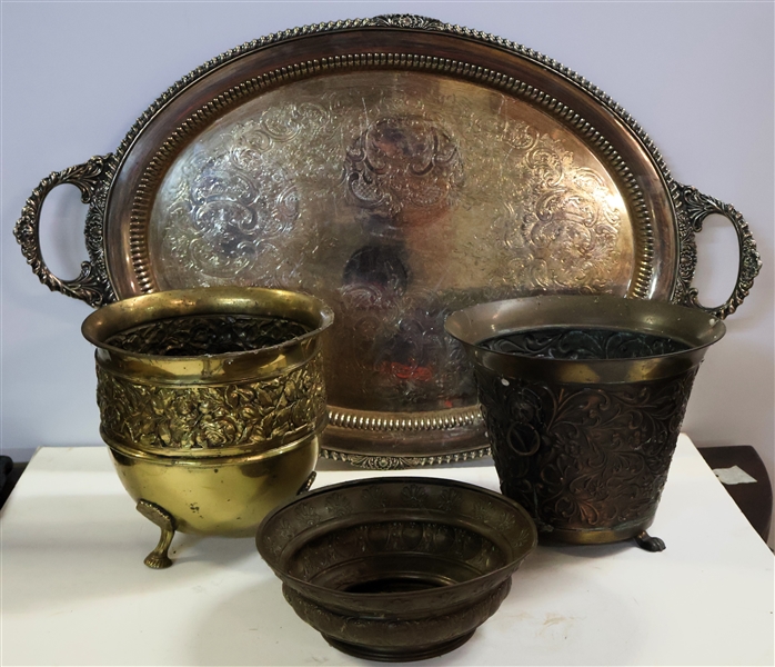 Large Silverplate Tray and  Brass Planters - Tray Measures 29" Handle to Handle 