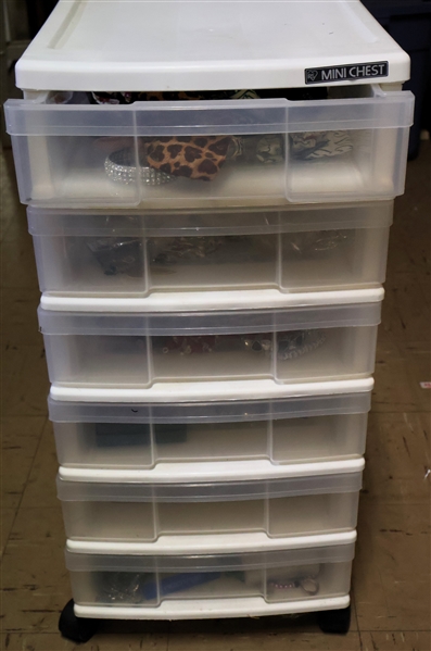 Plastic 7 Drawer Rolling Storage Chest Full of Costume Jewelry, Sterling Earrings, Pins, Watches, Beaded Necklaces and Much More - Brighton, Seiko, Silverworks, Holiday Jewelry, Pearls, and Much More