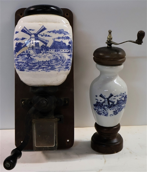 Holland Blue and White Wall Coffee Mount Coffee Mill and Other Grinder - Porcelain Part of Coffee Mill Has Lots of Crazing - Entire Length 12"