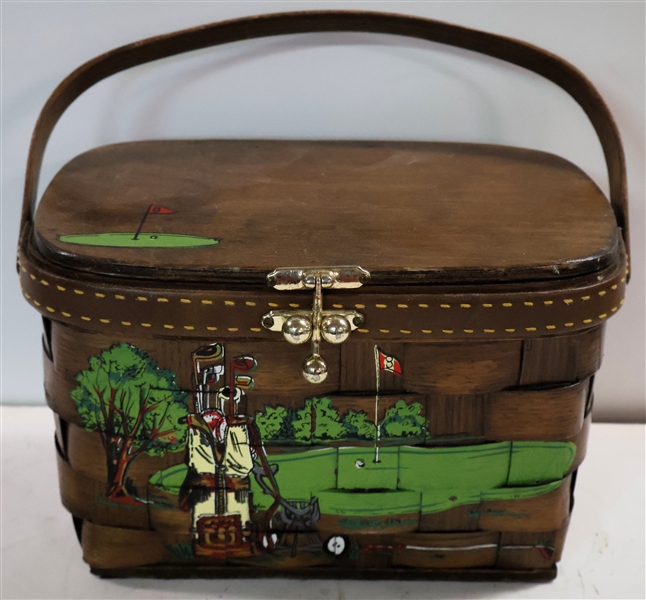 Hand Painted Basket Purse with Golf Scene - Quilted Lining - Measures 6" tall 10" by 6" Not Including Handle