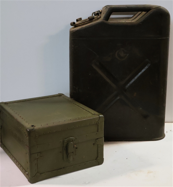 US Military Gas Can - ABN CPNS - Stenciled on Front and Army Green Painted Wood Box with Metal Trim and Hardware 