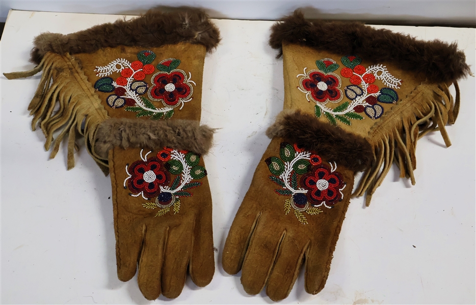 Pair of Beautiful Native American Hand Beaded Leather Gloves with Fur Trim