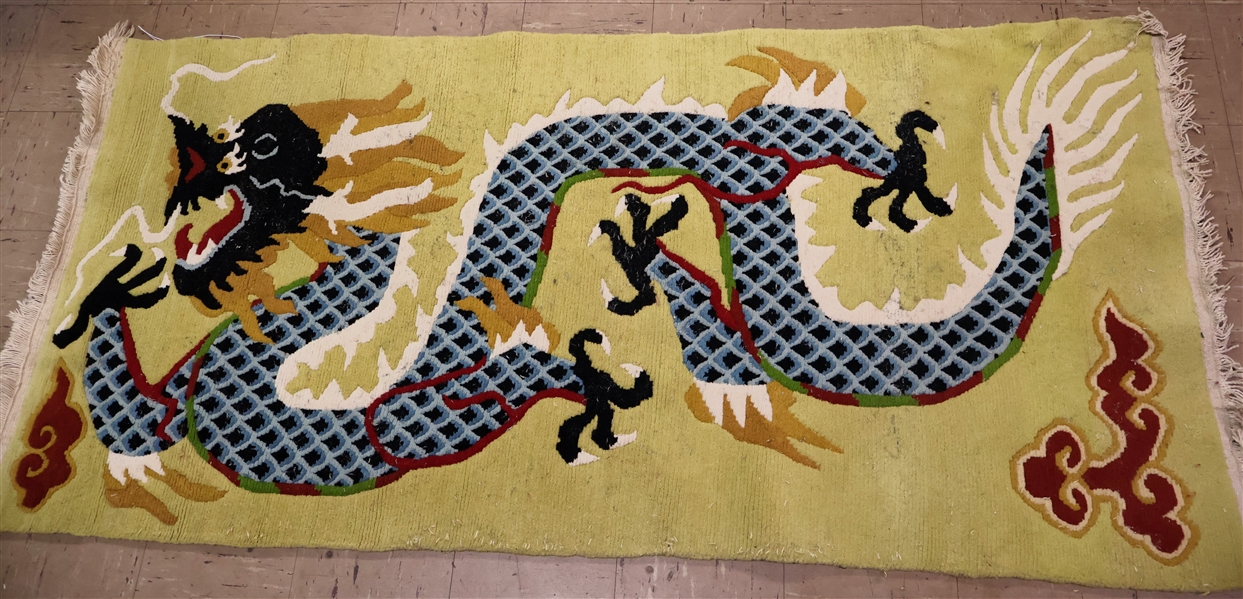 Hand Woven Dragon Rug - From Nepal - Greenish Background - Measures 59" by 210" 