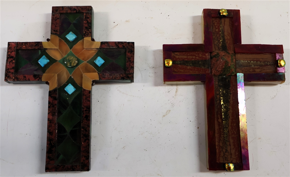 2 Art Glass Mosaic Crosses - Art Glass and Stone Details - Measuring 9 1/2" by 7 1/2"