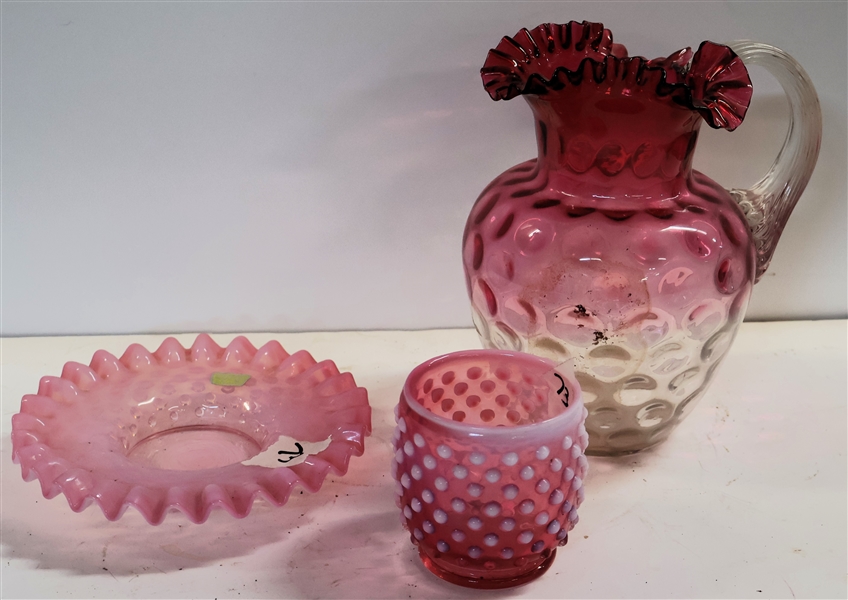 Fenton Hobnail Votive Candle Plate with Original Sticker, Hobnail Cup, and Coin Spot Pitcher with Applied Handle - Pitcher Has Large Chip - Fenton with Sticker Measures 1 1/4" Tall 6 1/4" Across